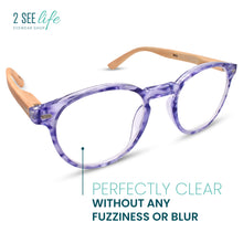 Purple round bamboo frame readers for women