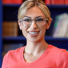 woman wearing retro round reading glasses 