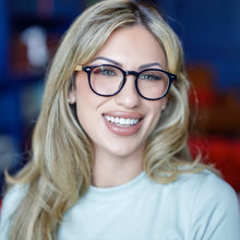 Woman Wearing Round Bamboo Frame Glasses in Black