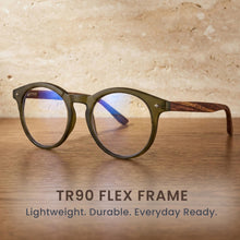 Round readers with wooden arms on a wooden surface, featuring text about TR90 flex frame.