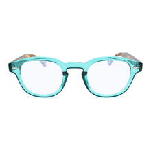 Retro readers for women with a turquoise frame. 