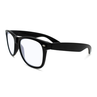 Side profile of a pair of black oversized square reading glasses for men. 
