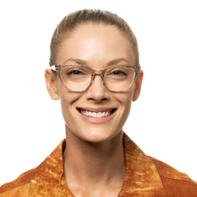 women wearing clear frame reading glasses 